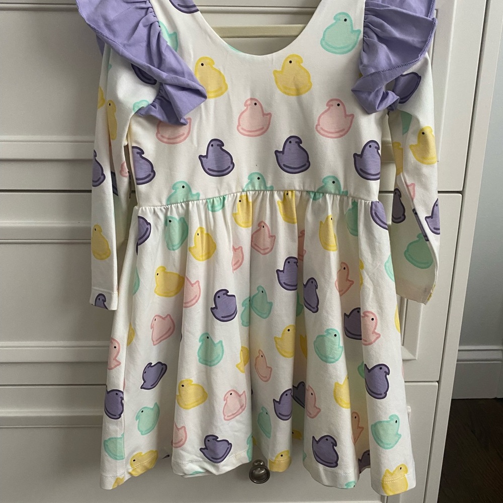 Charming Duck Print Kids Dress with Ruffled Sleeves